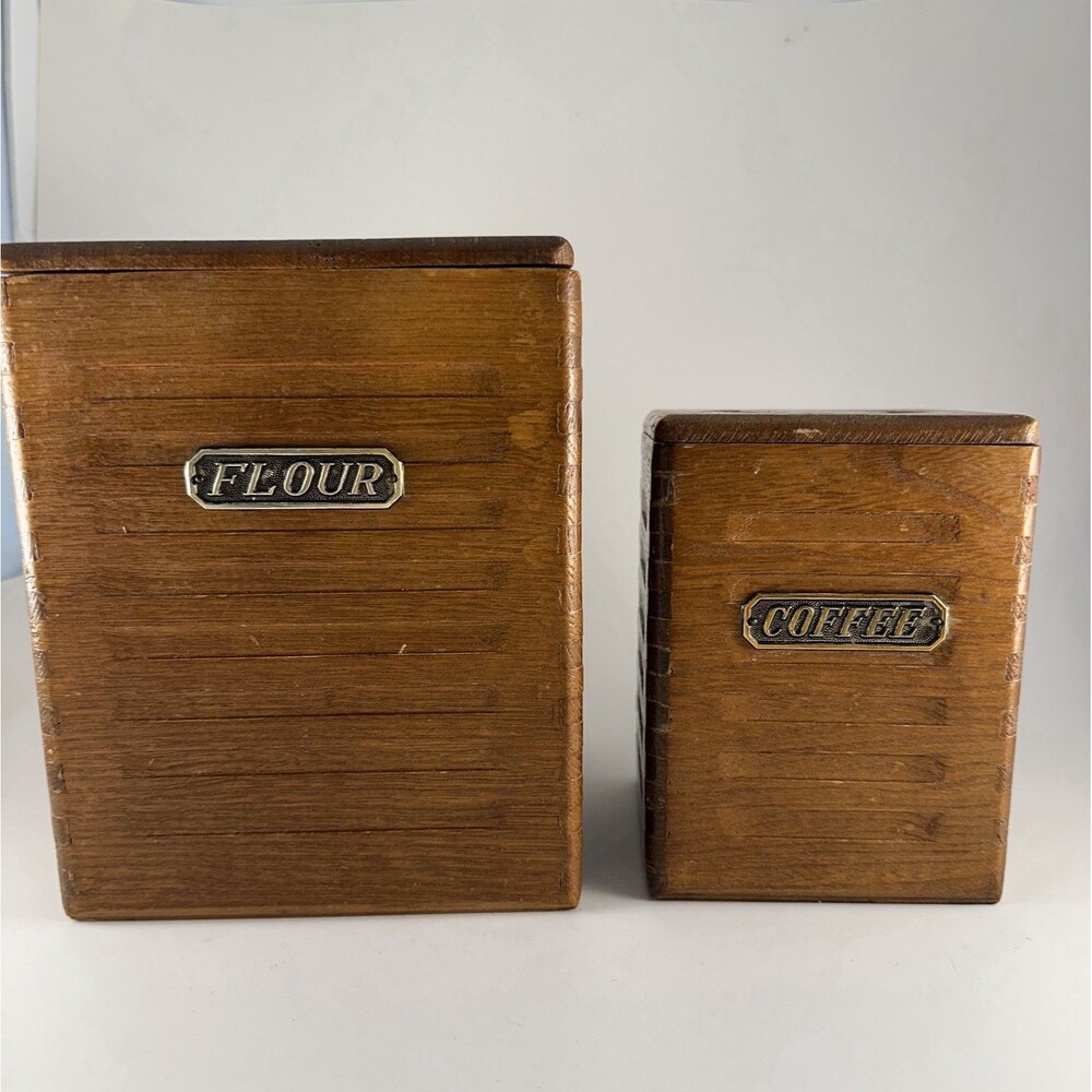 Vintage Wooden Flour & Coffee Canister Set of 2 Mid Century Modern Kitchen